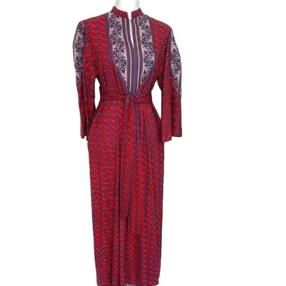 Ramona Rull Maxi Dress Vintage Red Blue Pattern Cotton Pockets Belt Puff Sleeves - Picture 1 of 12
